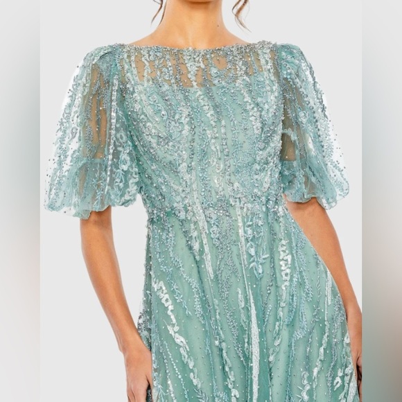 MAC DUGGAL 20485 NWT High Neck Puff Sleeve Embellished A Line Dress - Picture 2 of 6